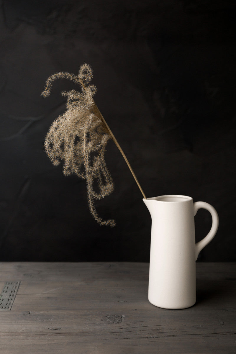 Donker stilleven met lichtval op rietpluim in witte vaas - Mayra Fotografie