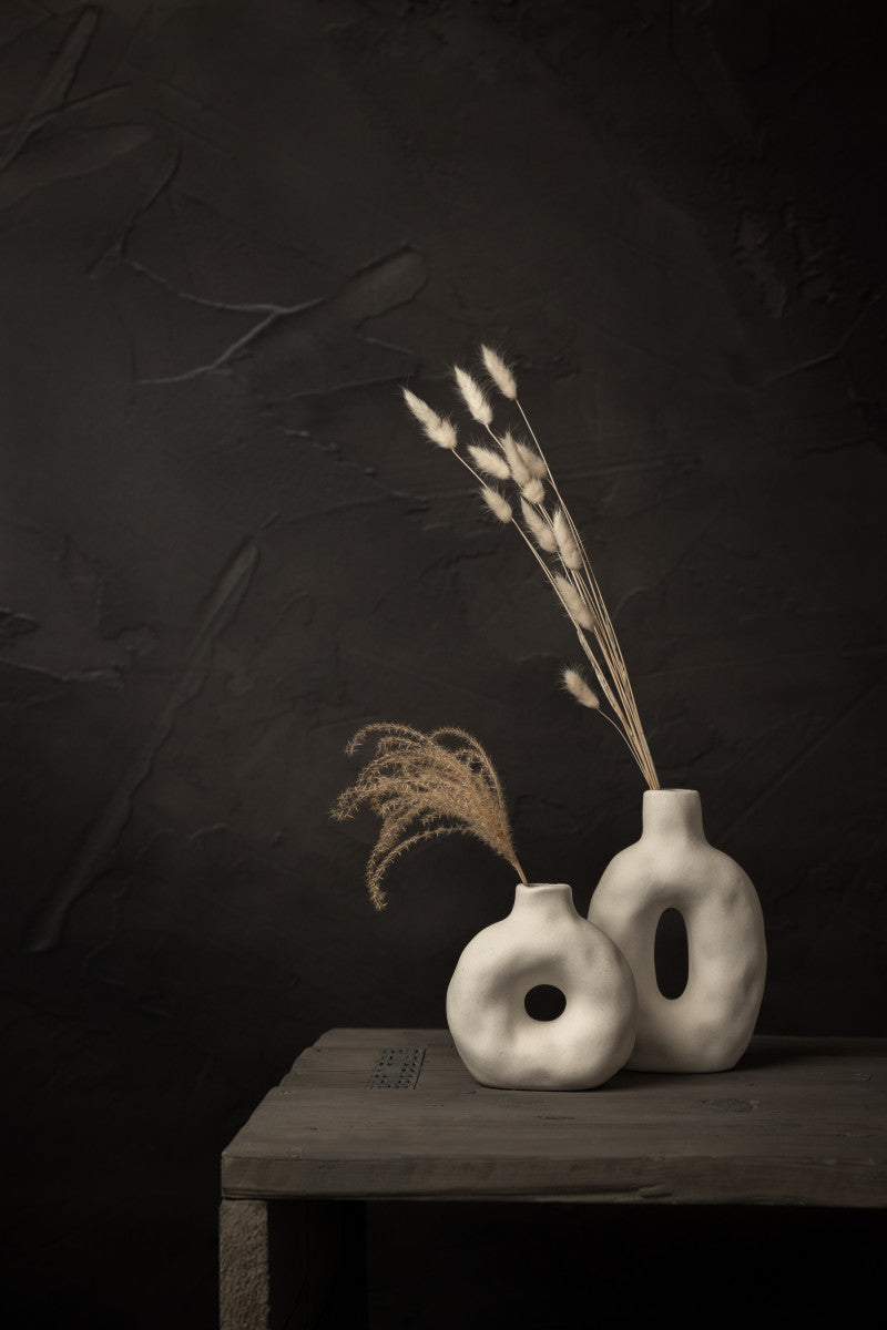 Donker stilleven met rietpluimen in witte kruiken - Mayra Fotografie