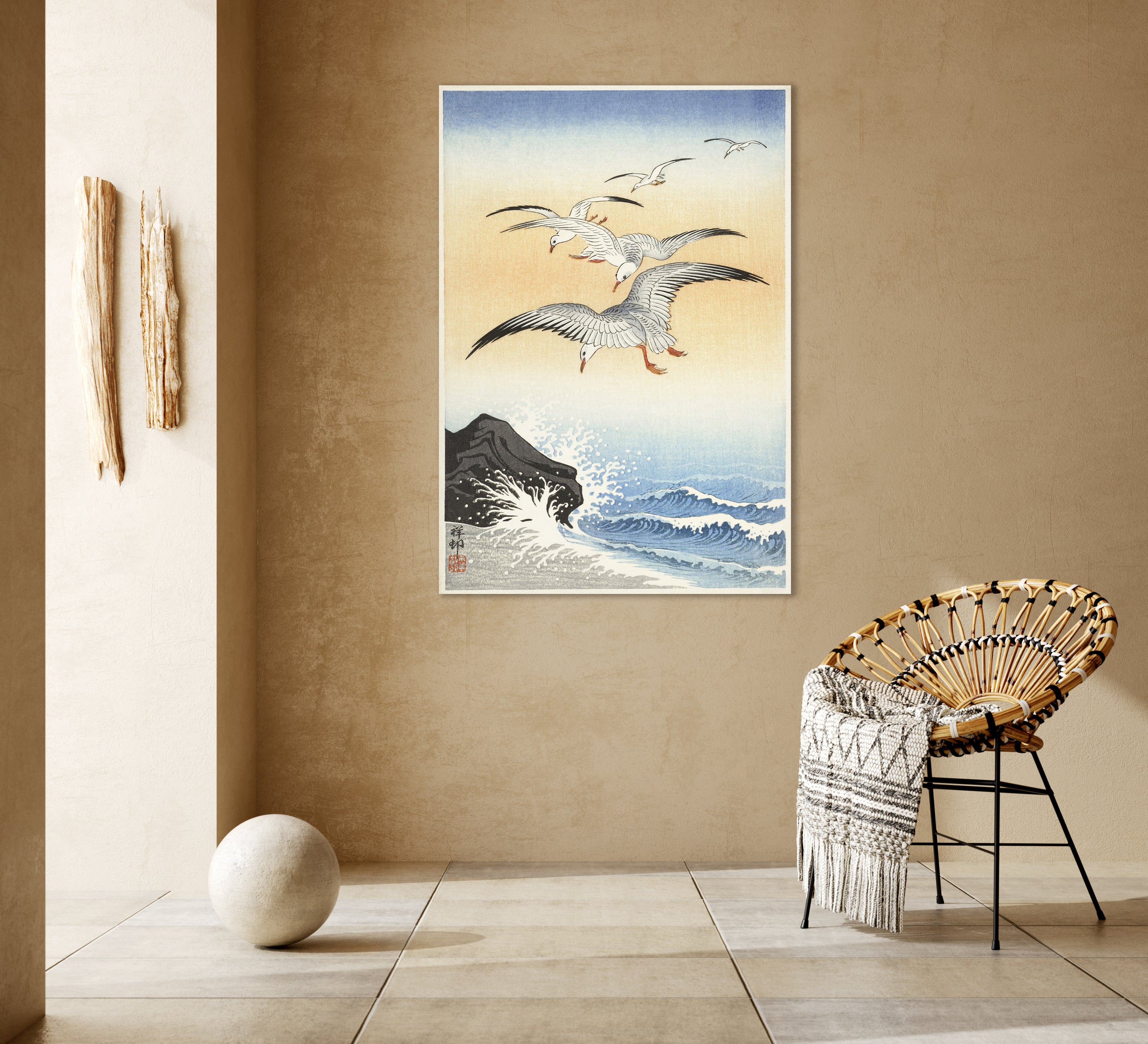 Vijf zeemeeuwen boven een onstuimige zee - Ohara Koson