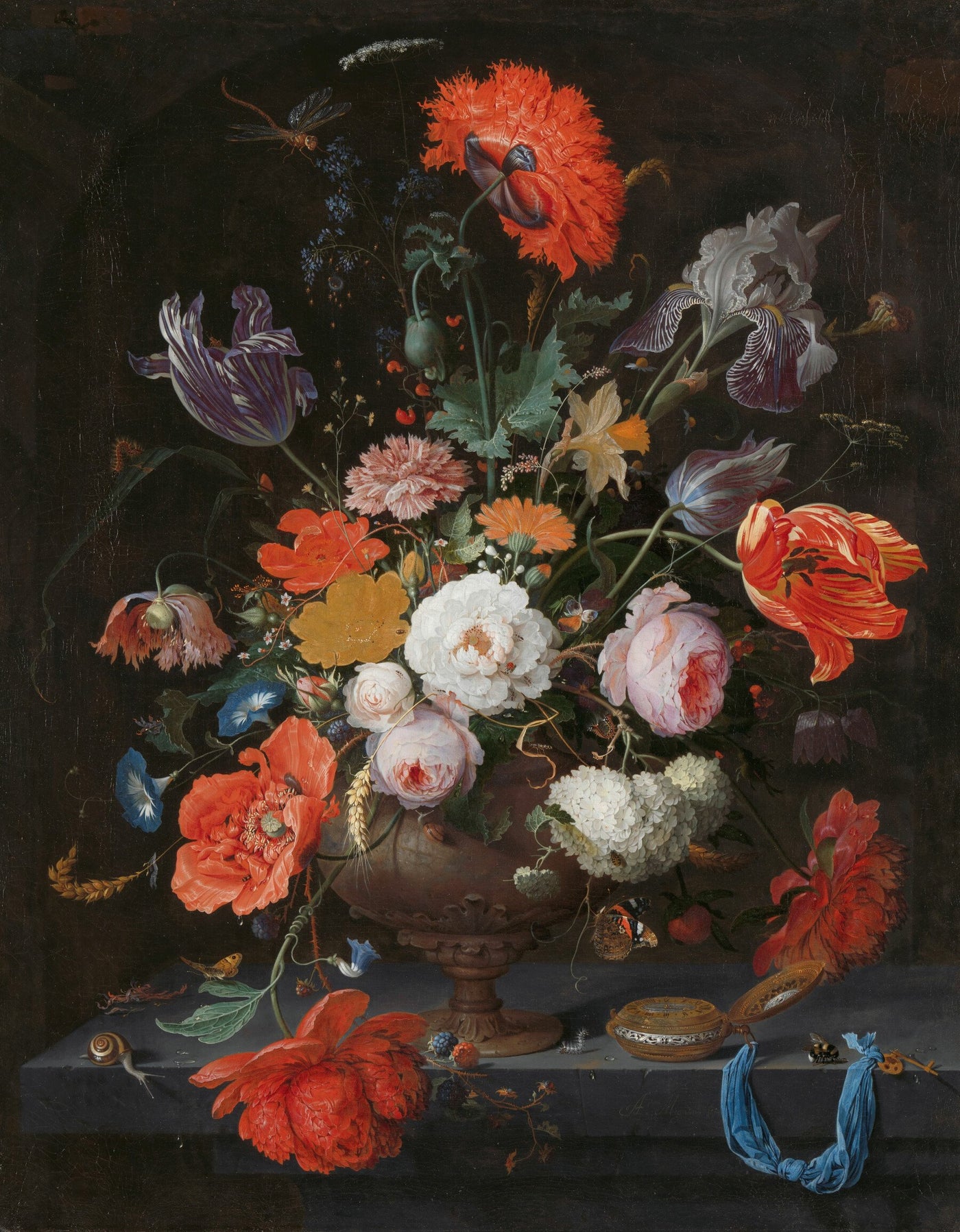 Stilleven met bloemen en een horloge - Abraham Mignon