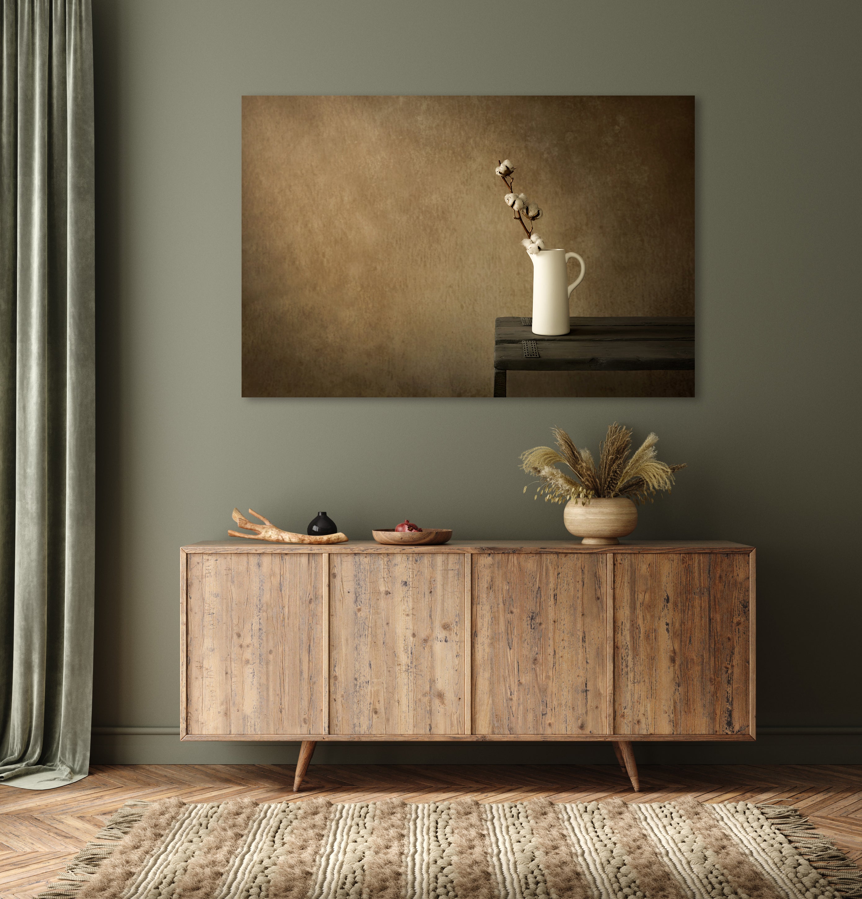 Stilleven met katoentak in witte vaas - Mayra Fotografie