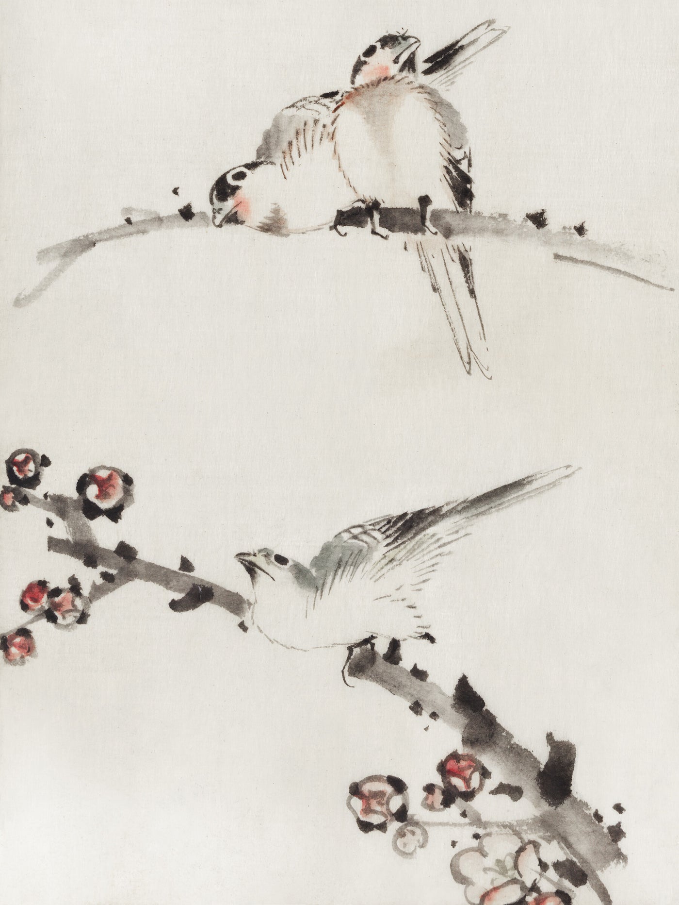 Drie vogels zittend op takken - Katsushika Hokusai