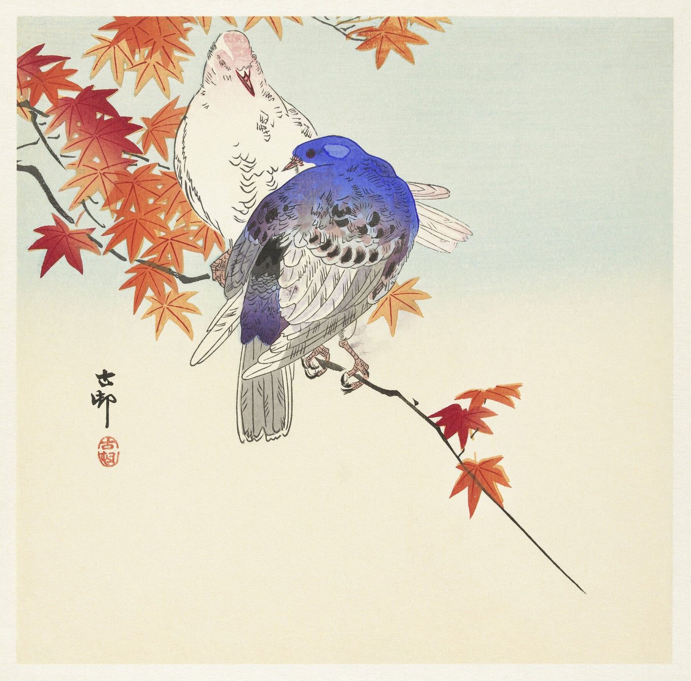 twee duiven op een herfstak - Ohara Koson