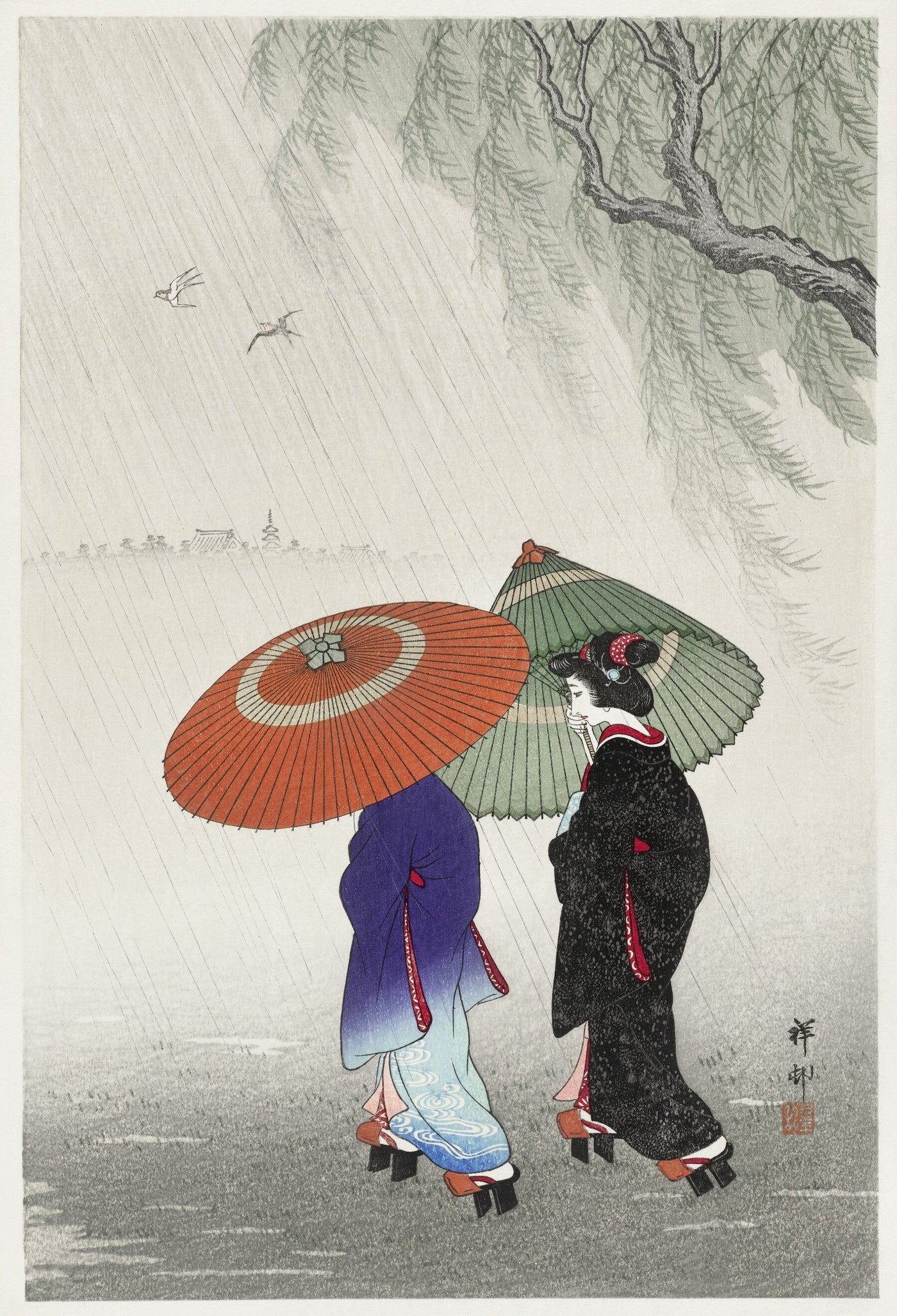 Twee vrouwen in de regen - Ohara Koson