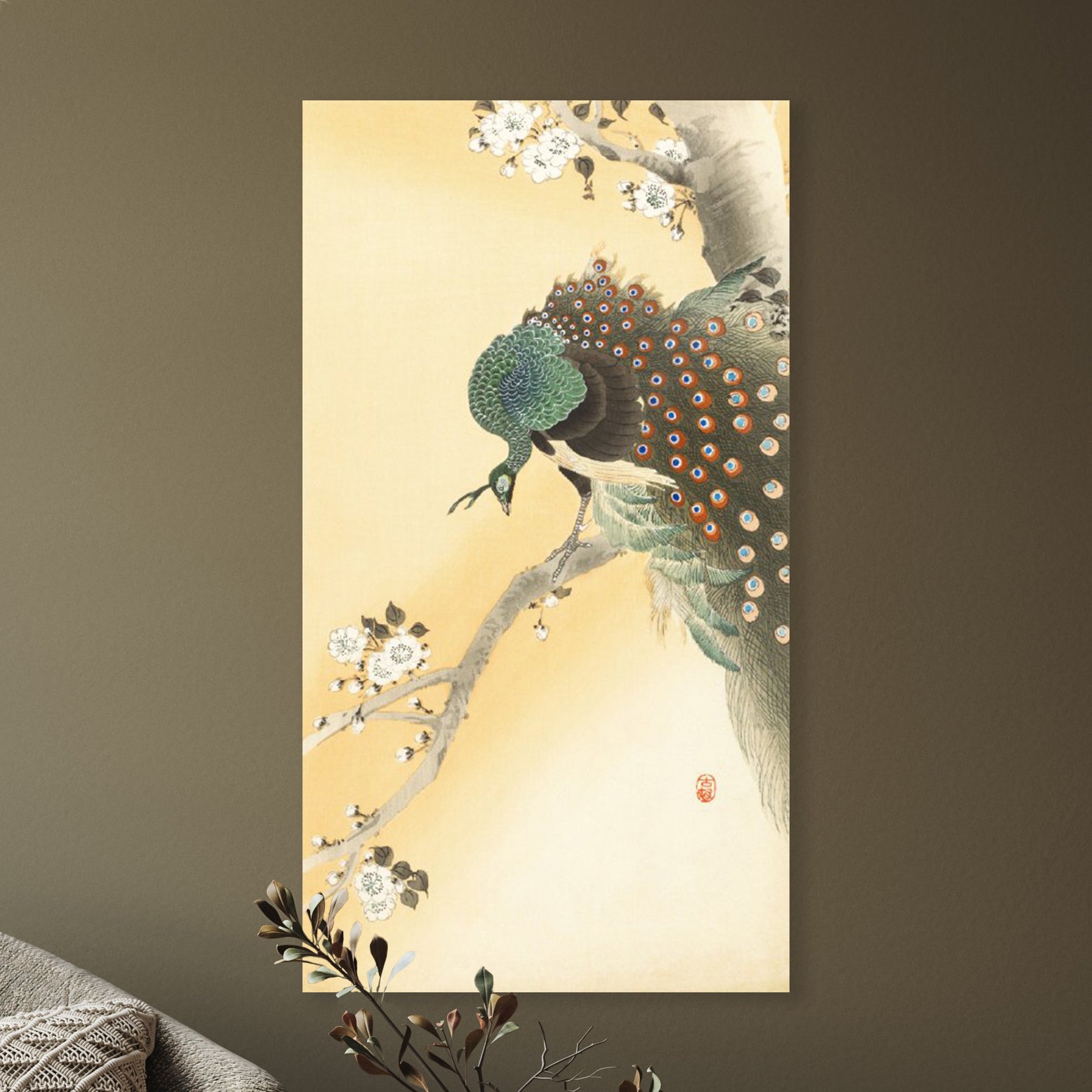 Pauw op een kersenbloesemtak - Ohara Koson