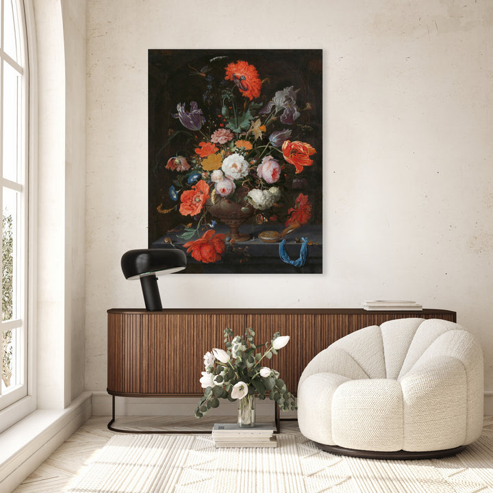 Stilleven met bloemen en een horloge - Abraham Mignon